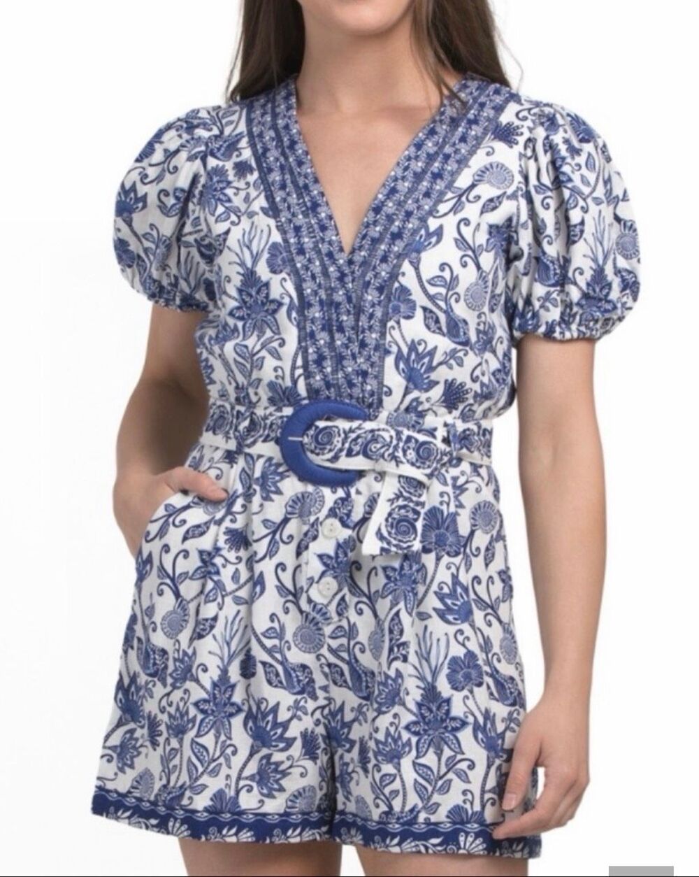 Caroline Constas NWT blue and white puff sleeve linen romper size 6